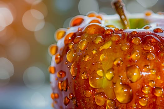 A vivid close-up photo capturing a glossy, caramelized apple exterior dotted with refreshing water droplets. Perfect for health and indulgence themes.