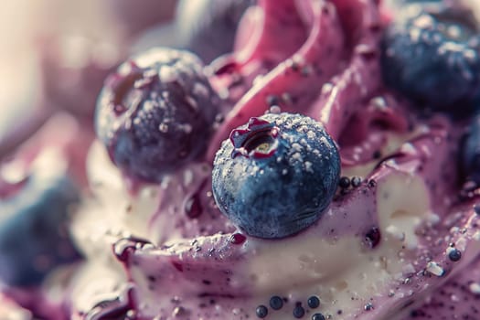 A close-up image showcasing fresh blueberries atop a creamy dessert, emphasizing the intricate details and vibrant texture.