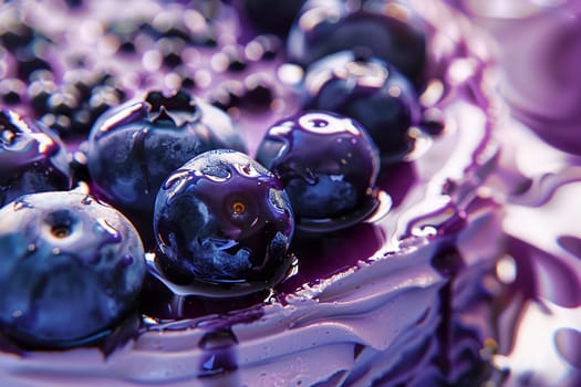 This close-up shot captures the intricate details and rich, saturated colors of fresh blueberries covered in glossy, purple syrup.