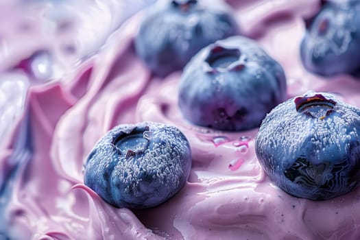 A detailed close-up view of blueberries dusted with sugar and drizzled with syrup on a creamy surface.