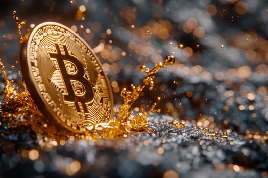 Dramatic depiction of a physical Bitcoin coin crashing into a surface of shimmering liquid gold, symbolizing market volatility and investment risks.