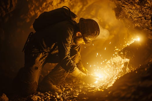 A determined miner uncovers a golden Bitcoin in a dark, rocky cave, highlighting the fusion of traditional mining and digital currency.