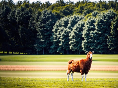 The image shows a brown and white sheep standing in a green field with trees in the background.