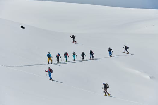 A group of professional ski mountaineers ascend a dangerous snowy peak using state-of-the-art equipment.