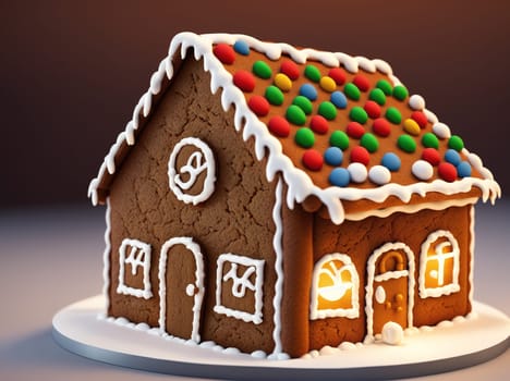 The image is a 3D rendering of a gingerbread house with colorful candy decorations on the roof and sides.