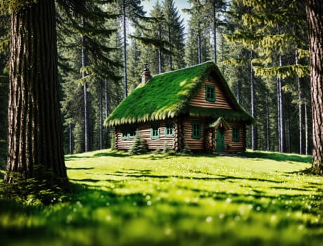 The image shows a small wooden cabin in the middle of a forest, surrounded by tall trees and green grass.