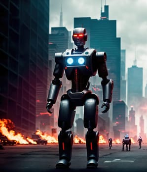 The image shows a group of robots standing in the middle of a city street, with one of them holding a small device in its hand.
