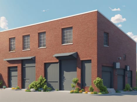 The image is a rendering of a brick building with large windows on the sides and a garage door on the front.
