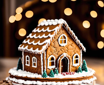 The image is a gingerbread house with a white roof, windows, and a door.