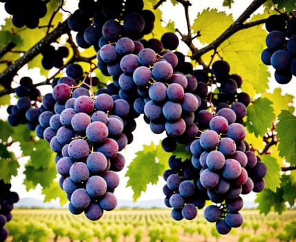 The image shows a bunch of purple grapes hanging from a grapevine in a vineyard.