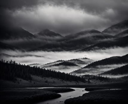 The image is a black and white photograph of a mountainous landscape with a river running through it, surrounded by trees and mountains in the background.