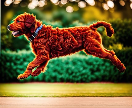 The image shows a brown and white cocker spaniel running towards the camera with its tongue hanging out of its mouth.