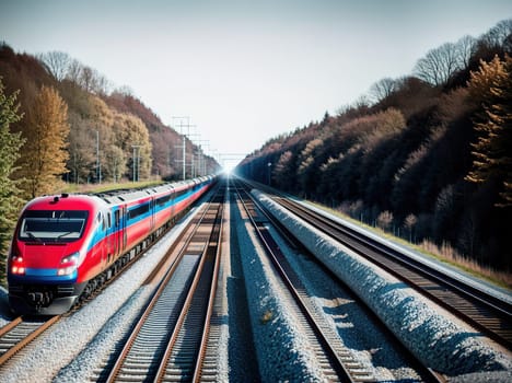 The image shows a red and white train traveling down a railroad track through a rural landscape with trees and hills in the background.