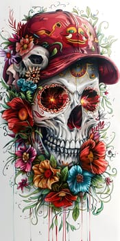 A boneinspired sugar skull, adorned with a red hat, is showcased in a vibrant illustration featuring magenta flowers. This artful piece combines elements of fashion accessory and flower arranging