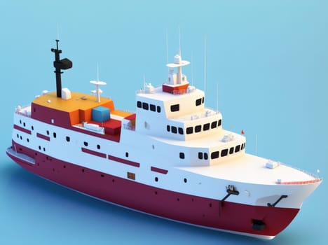 The image is a 3D rendering of a large red and white research vessel with a white hull and a black and white superstructure.