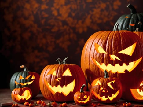 The image shows a group of carved pumpkins arranged on a table with a spooky atmosphere in the background.