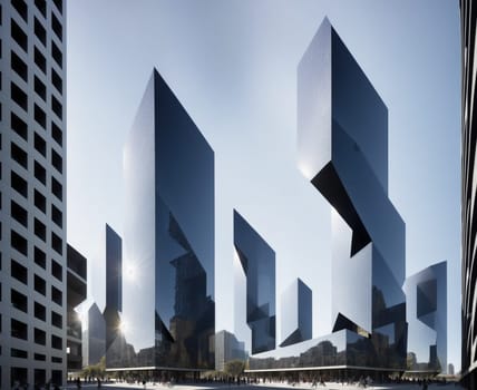 The image depicts a cityscape with tall, modern skyscrapers and a busy street scene in the foreground.