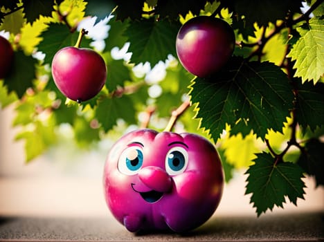 The image shows a cartoon character hanging from a tree branch, surrounded by plums.