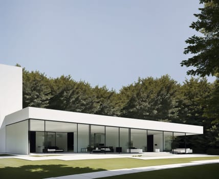 The image shows a modern house with a glass facade and a flat roof, surrounded by trees and grass.