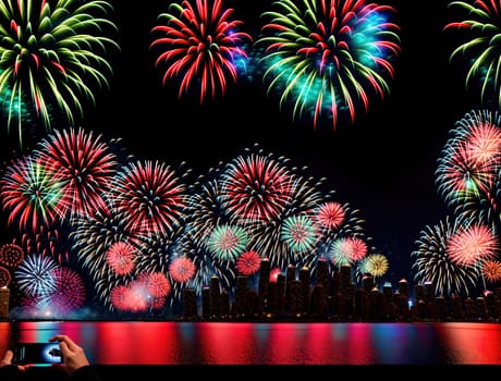 The image shows a person taking a photo of a city skyline with fireworks in the background.