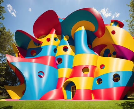 The image is a colorful sculpture of a building with many different shapes and colors.