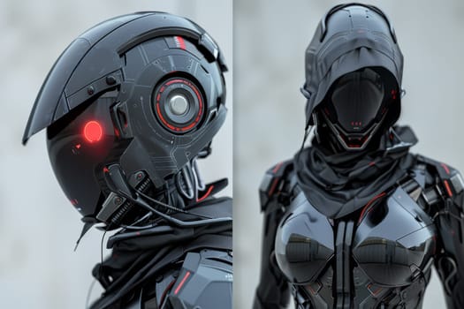 Two images of a futuristic robot with red glowing eyes