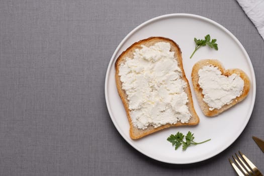 Two sandwiches with cottage cheese. Healthy breakfast concept , Copy space.
