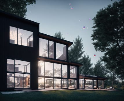 The image shows a modern house with large windows and a spacious backyard.