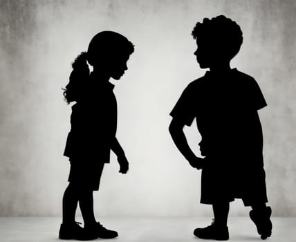 The image shows two children standing in front of a wall with their backs to the camera, one boy and one girl, both wearing casual clothing and looking at each other with curious expressions on their faces.