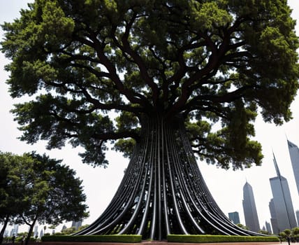 The image shows a large tree with branches reaching up towards the sky in the middle of a park with tall buildings in the background.