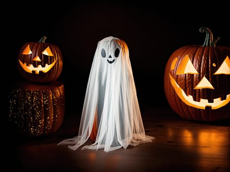 The image shows a ghostly figure standing in front of a group of pumpkins on a table.