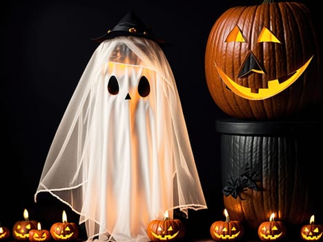 The image shows a pumpkin with a ghostly face carved into it, surrounded by other pumpkins and candles.