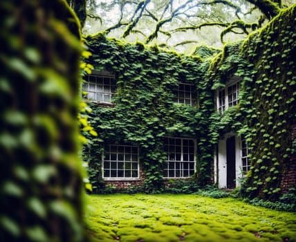 The image shows a large, overgrown greenhouse with vines growing up the walls and a small, dilapidated house in the background.