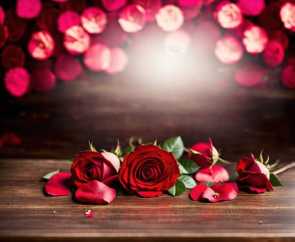 The image shows a bouquet of red roses on a wooden table with a pink background.