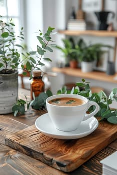 A cup of coffee on a wooden cutting board next to plants