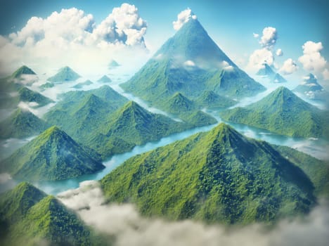 The image is a mountainous landscape with green trees and fog in the background.