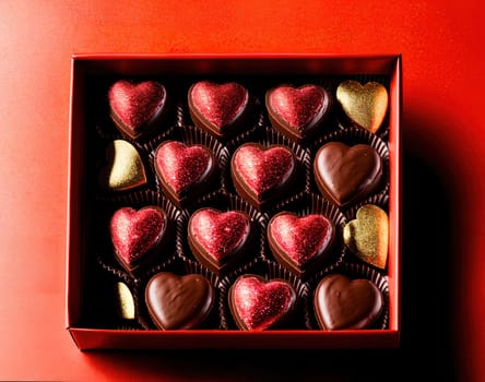 The image shows a box filled with chocolates in the shape of hearts.