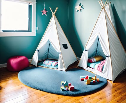 The image shows a small, well-lit room with a white teepee in the center of the room, surrounded by colorful toys and a rug.