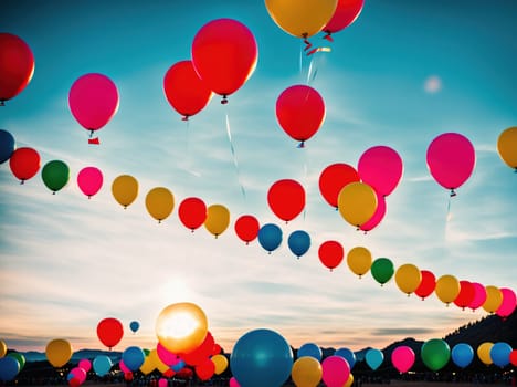 The image shows a group of colorful balloons floating in the sky at sunset.