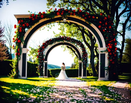 The image shows a beautiful garden with a white archway in the center, surrounded by pink flowers and green trees.