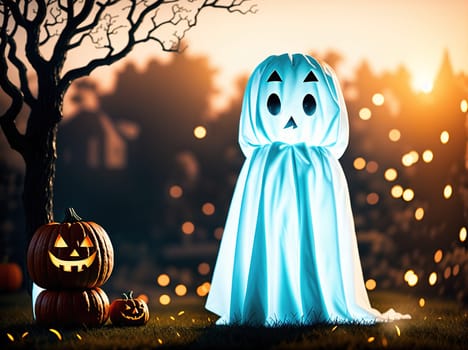 The image shows a ghostly figure standing in front of a pumpkin patch on a dark and spooky night.