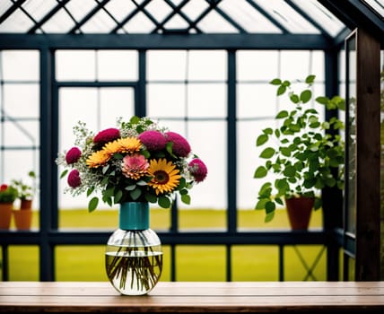The image shows a vase of colorful flowers sitting on a wooden table in a greenhouse.