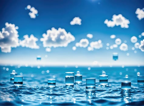 The image depicts a body of water with ripples and bubbles floating on the surface.