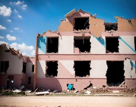 The image shows a pink building with broken windows and walls, with a blue sky in the background.