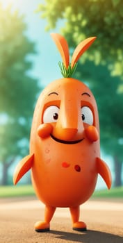 The image is of a cartoon orange character with a carrot on its head, standing on the sidewalk.