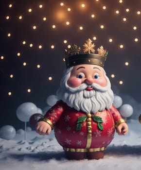 The image depicts a cartoon santa claus figurine standing on a snowy background with a glowing light in the background.