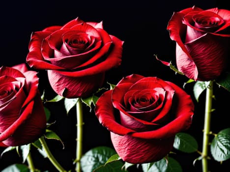 The image shows three red roses in a vase.