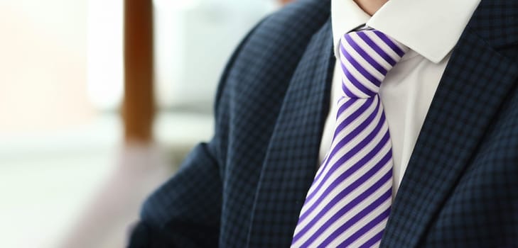 Male in blue suit set tie closeup. White collar management job serious move secretary student luxury formal interview executive agent marriage store corporate elegance employment preparation