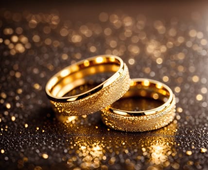 The image shows two gold wedding rings on a shiny black background.