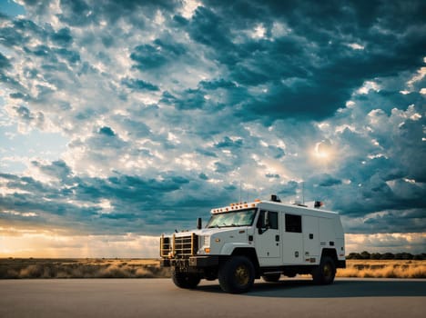 The image shows a white truck parked on a deserted road with a cloudy sky in the background.